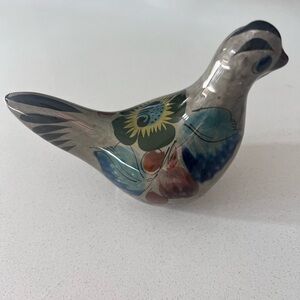 Vintage Mexican‎ Tonala Bird Floral Blue Great Brown Ceramic 5.25”